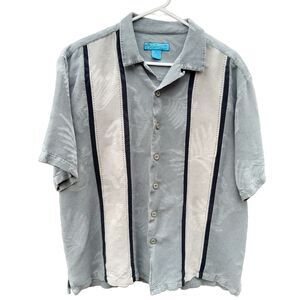 Paradise Blue 100% Silk Bartender Mens Sage Embossed Tropical Hawaiian Shirt